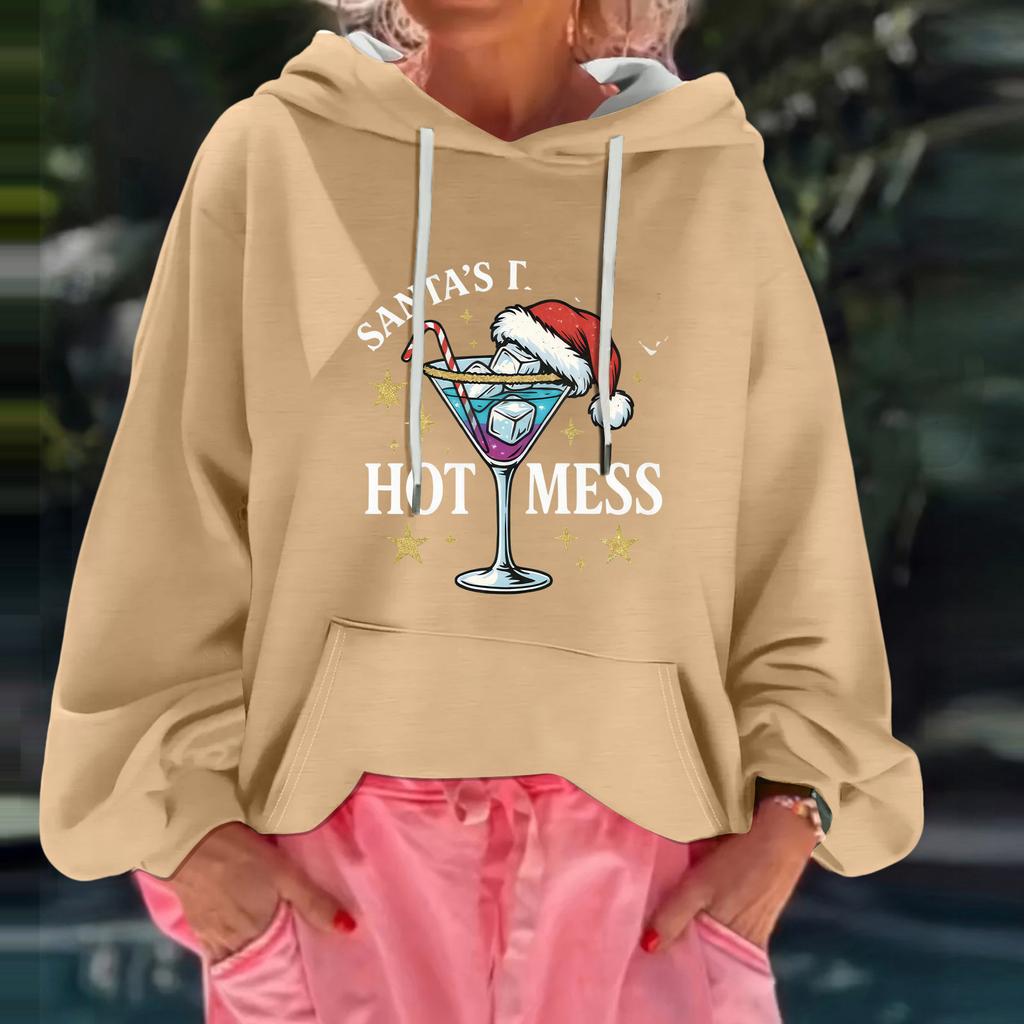 Women's Christmas Print Loose Casual Long Sleeve Hooded Sweatshirt