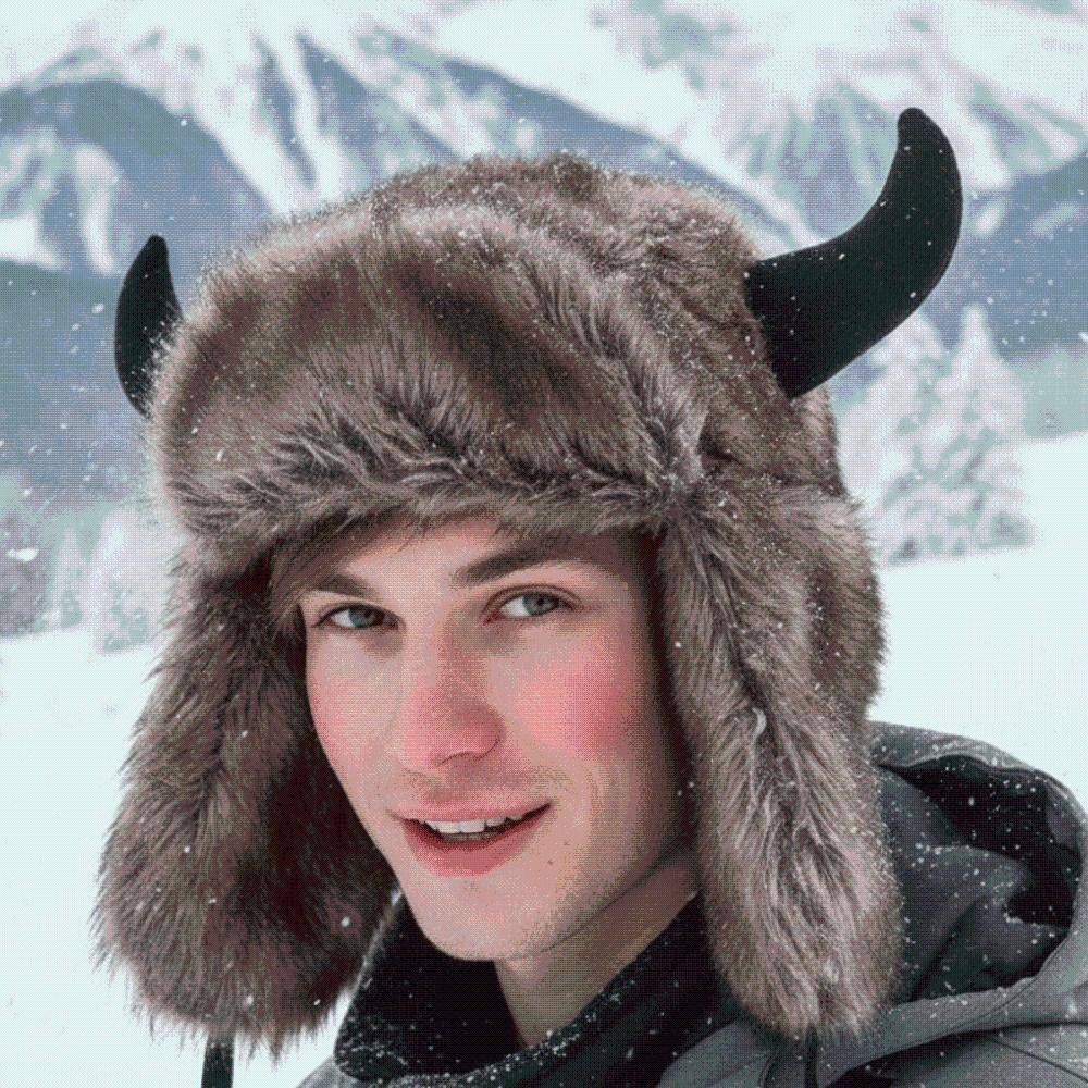 Windproof Fabric Winter Trapper Caps Mink Texture Bull Horns Bonnet Commute Warmth