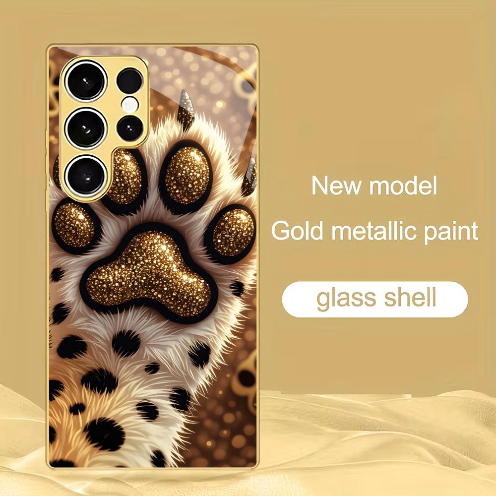 

Cat paw print design electroplated gold glass phone case suitable for Samsung Galaxy S26 S25 S24 S22 S21 S20 FE/Ultra/Plus GalaxyS24FE