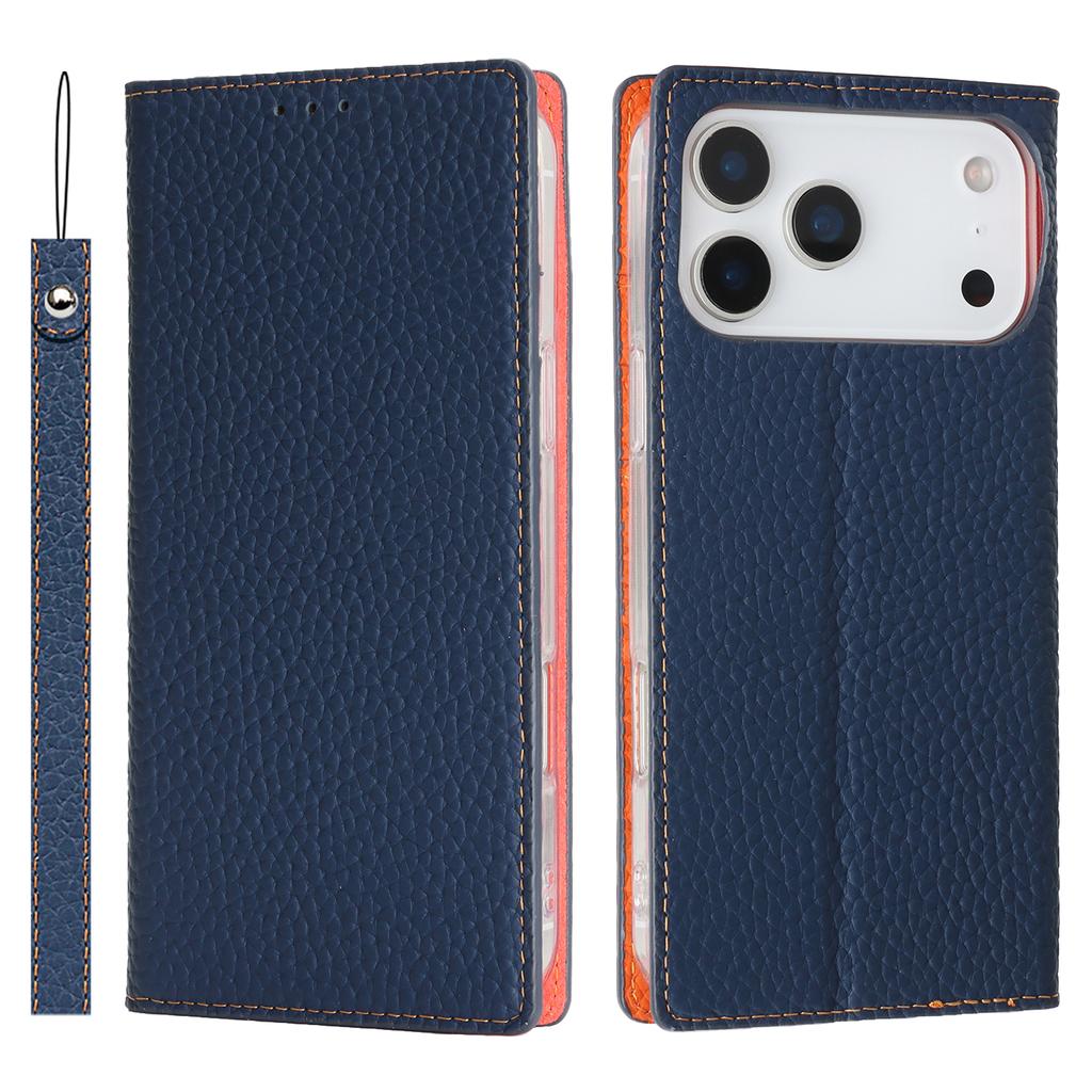 For iPhone 17 Pro Max Wallet Case Genuine Cow Leather Phone Cover Litchi Texture