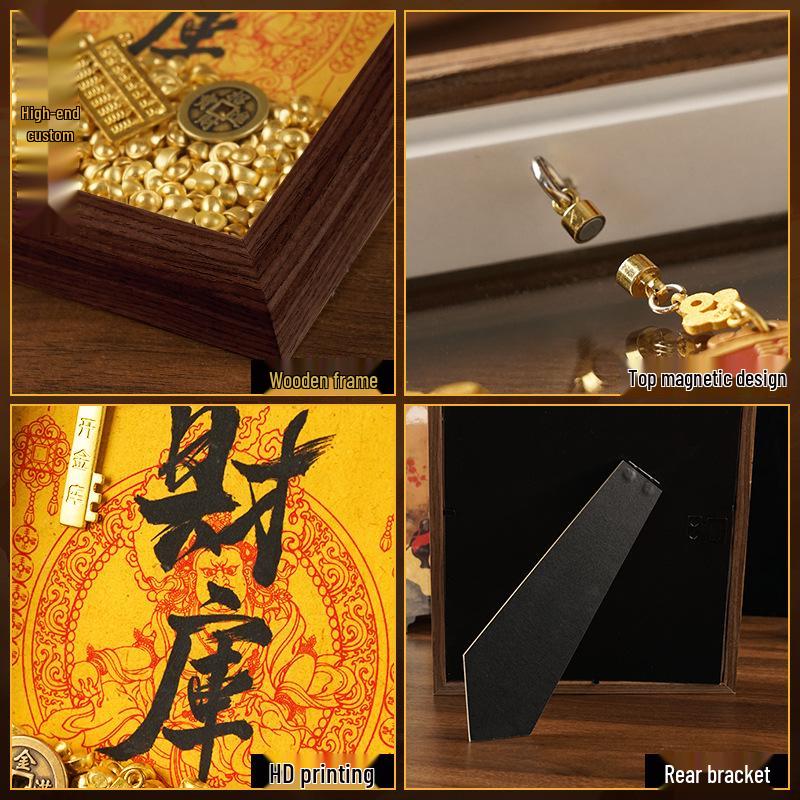 2025 Auspicious Open Wealth Photo Frame with Golden Key, Solid Wood Entrance Foyer, Zodiac Animals, Five Roads to Attract Wealth.