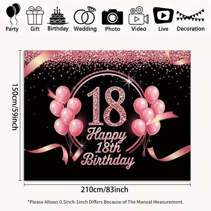 2D Black Pink Balloon 18th Birthday Backdrop, Glitter Confetti Decor Banner
