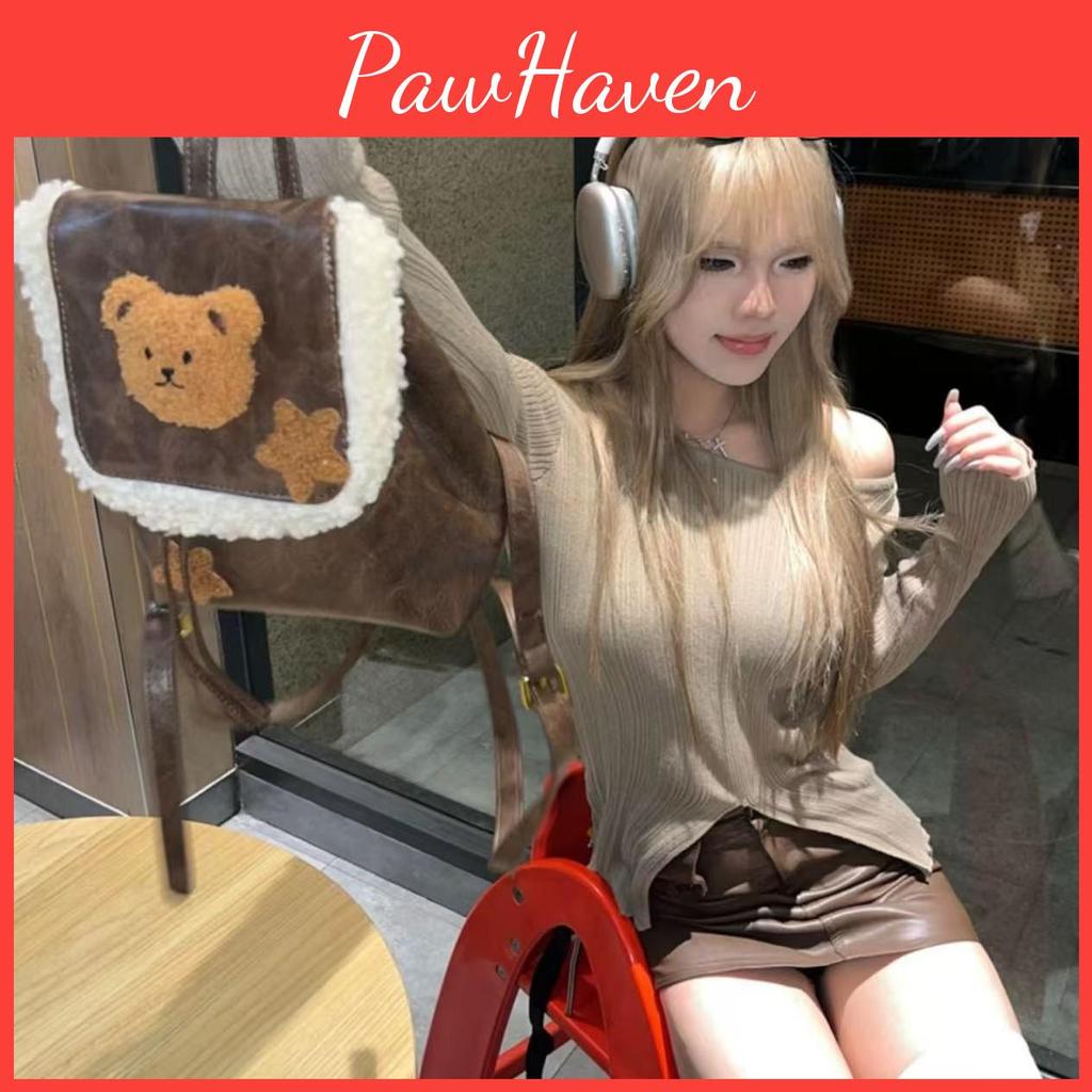 Teddy Plush Bear Printed Brown Backpack Outdoor Cute Casual Handbag Fashion