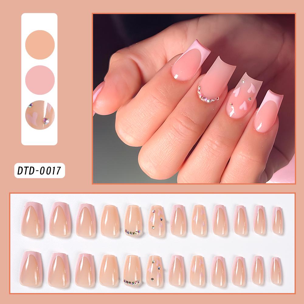 

24-Piece High-End Pink Nail Art Set: Short Ladder Tips with Flower & Butterfly Rhinestones
