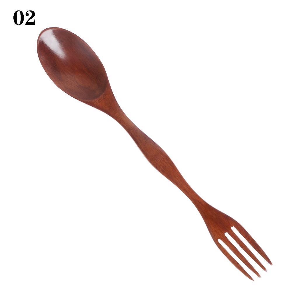 1PC 2 in1 Dual Head Soup Spoon Fork Natural Wood Cutlery Dinner Tableware Set DIY Home Kitchen Accessories Flatware