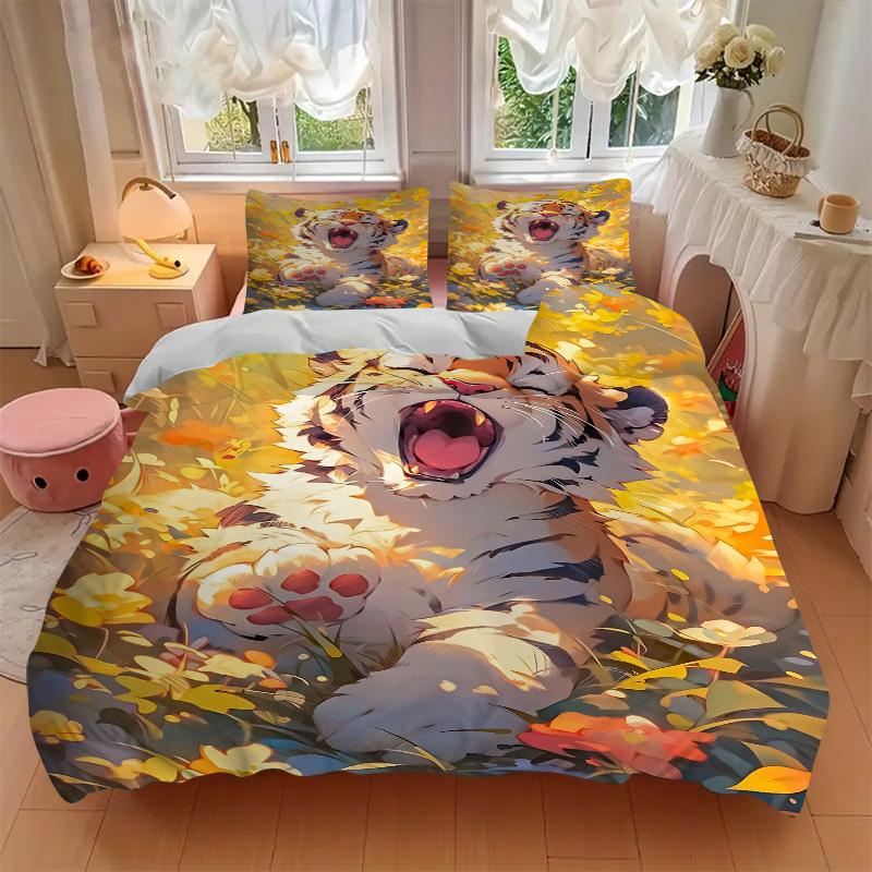 3pcs Tiger Print Duvet Cover Set -Includes 1 Duvet Cover and 2 Pillowcases, No Quilt Core, All-Season Home Decor  yy251111177