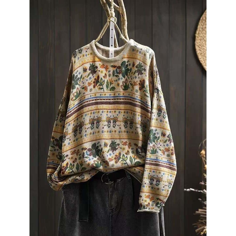 Woman Autumn Niche Vintage O-Neck Casual Loose Retro Sweater Chinese Style Long Sleeves Print Sweater