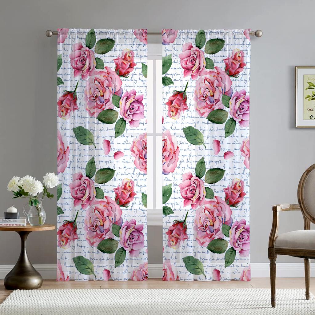 Romantyczna Różana Kwiatowa Żółte Kwiaty Przezroczysta Woalowa Zasłona do Salonu Domowej Kuchni Zielone Liście Motyl Okienna Tiulowa Zasłona