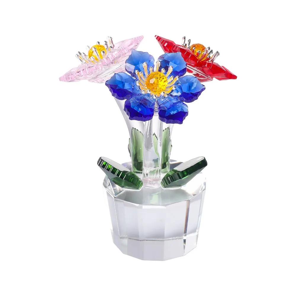 Handcraft Crystal Flower Statue Ornament Clear Base Artificial Flower Figurine Rose Tulip High Transparence