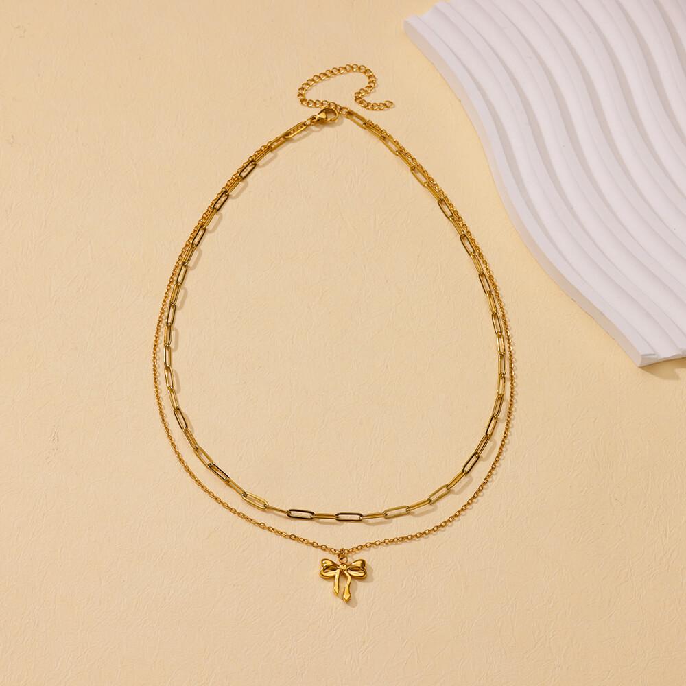 Stainless Steel Bowknot Pendant Necklace For Women Fashion Gold Color Clavicle Chain Bow Tie Necklaces Party Birthday Jewelry