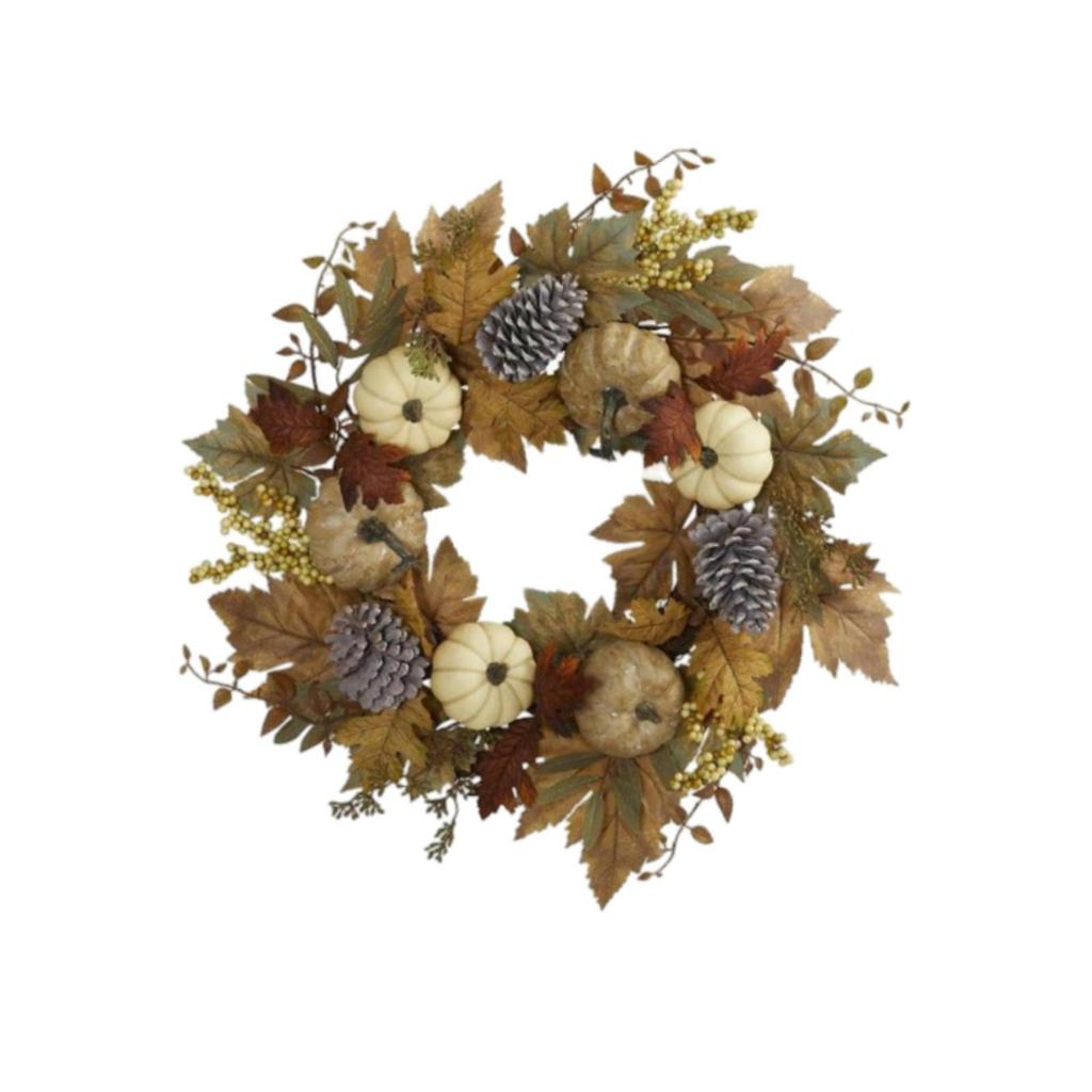 17.72inch Fall Wreath for Front Door Round with White Pumpkin for Holiday Indoor and Outdoor Living Room Housewarming Festival