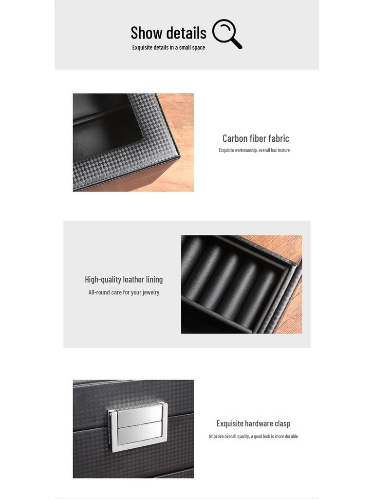 Carbon Fiber PU Double Layer Watch & Jewelry Storage Box - Holds 6 Watches & Cufflinks