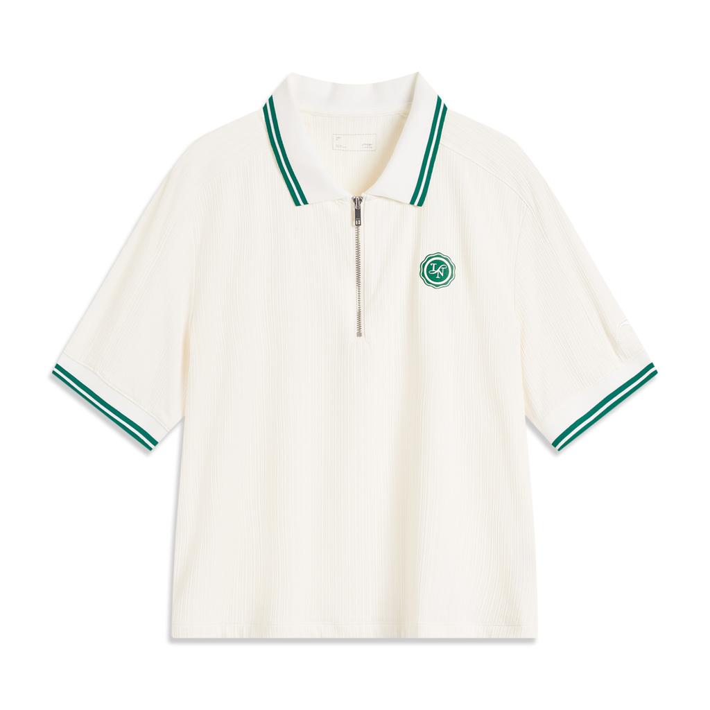 Li-Ning Comfortable Casual Simple Breathable Striped Loose Fit Polo Shirt Women Tops Off-White APLV116-2