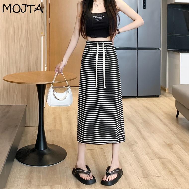 MOJTA Gonna Estiva da Donna a Vita Alta Media Lunghezza A-line Elastica a Righe Coulisse Casual con Spacco
