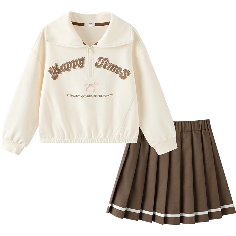 Balabala Girls' Long-Sleeve Top & Pleated Skirt Set