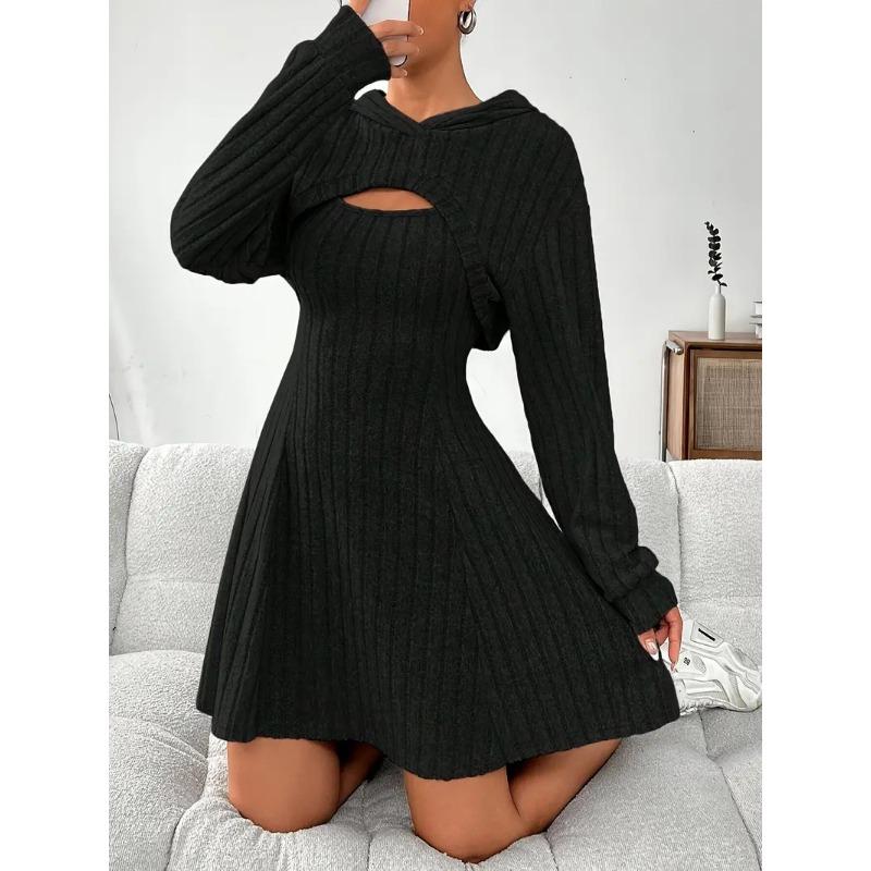 Damski Modny Casualowy Jednokolorowy Krótki Top z Kapturem z Długim Rękawem + Zestaw Sukienki bez Rękawów