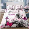 3pcs Pink Bedding Set Paris Eiffel Tower Print Cozy Duvet Cover Set King Queen Twin Single Size Birthday Gift Girl Bedroom Decor
