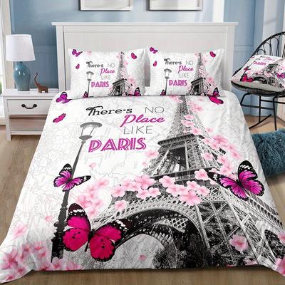 3-teiliges rosafarbenes Bettwäscheset Paris Eiffelturm-Druck Gemütliches Bettbezug-Set King Queen Twin Einzelgröße Geburtstagsgeschenk Mädchen Schlafzimmerdekoration