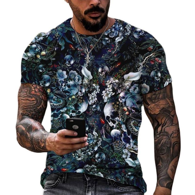 

Fashion New Flowers and Skulls graphic t shirts For Men Summer Casual Trend Hip Hop streetwear Personality Printed O-neck Tees S