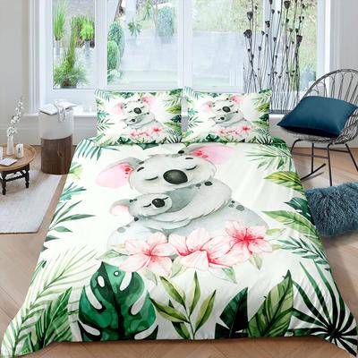 Koala Bettbezug-Set, Blühender Blumenzweig mit Bären-Bettbezug, Palmenblatt-Wildtier-Cartoon-Polyester-Bettbezug