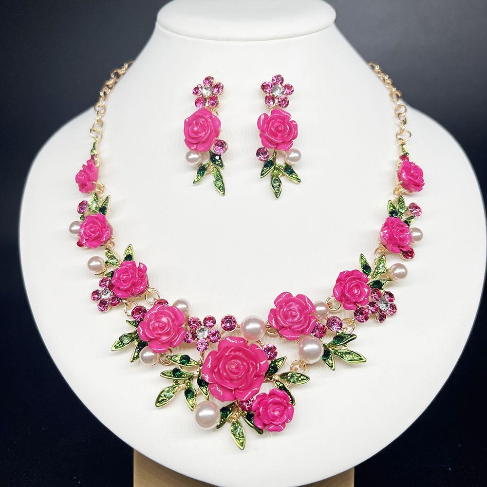 1 Set Multicolor Flowers Crystal Jewelry Set Enamel Pearl Necklace Earrings Set Exquisite Luxury Bridal Jewelry Set Banquet
