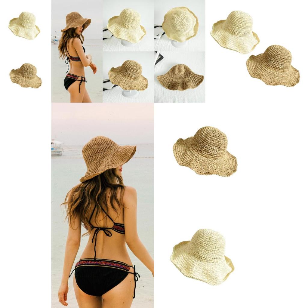Natural Style Straw Hat For Women, Foldable And Easy To Carry, Ideal For Summer Outdoor Activities In Khaki And Beige