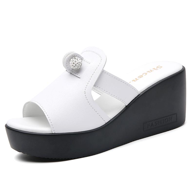 Women White Slide Slippers Summer Open Toe Chunky Wedge Shoes Lady Black Casual Thick Sole Platform Slippers