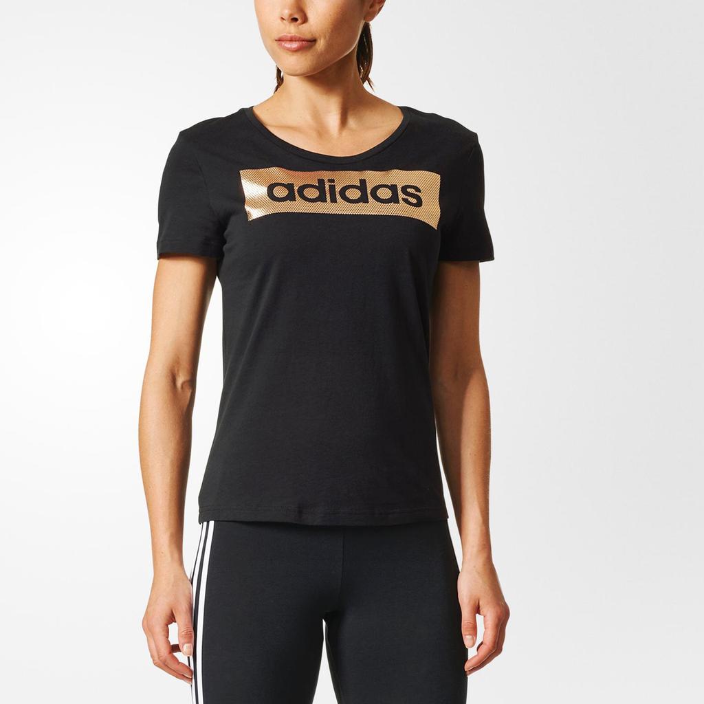 Adidas Dámské ležérní sportovní tričko s krátkým rukávem a kulatým výstřihem, s lineárním potiskem zlatých písmen z fólie, černé CD1978