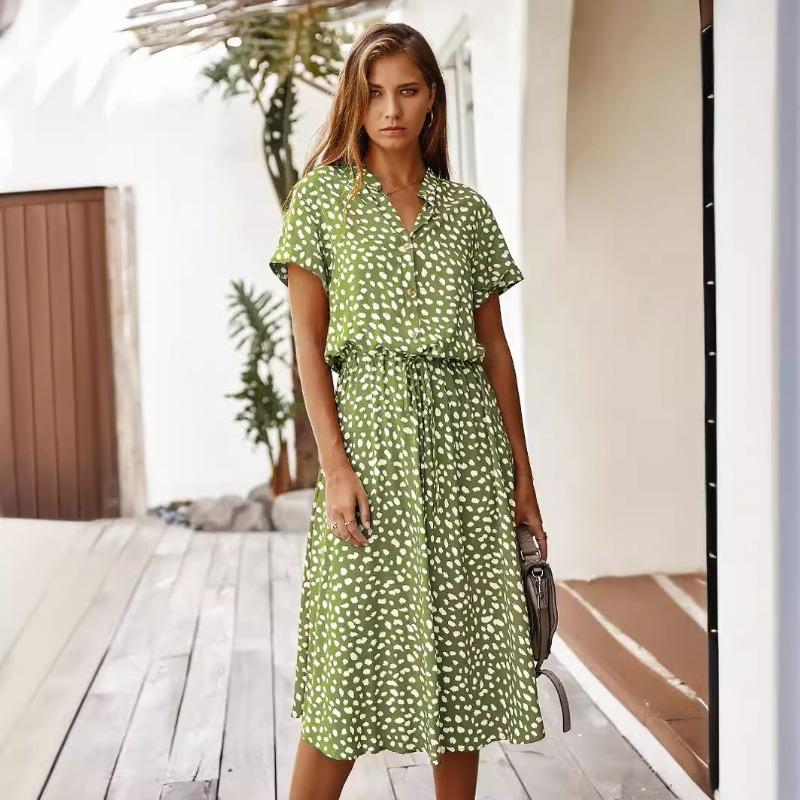 fashion women's clothing, Amazon's summer polka dot short-sleeved medium and long dress