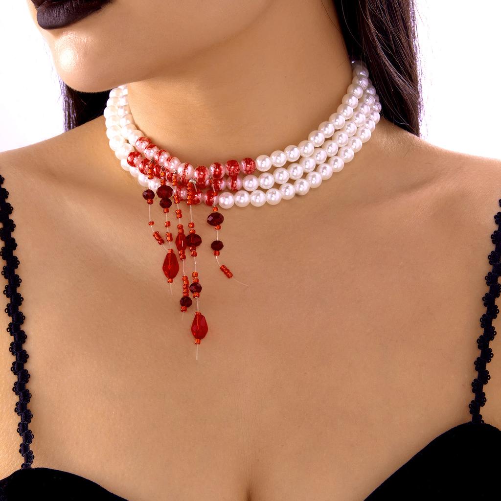Mehrschichtige Vintage Tropfblut Imitation Perlen Halskette Für Frauen Halloween Gothic Quaste Perlenkette Choker Party Schmuck