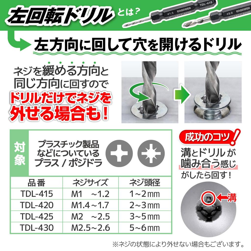 Engineer Drill Set Screw Mogura Compatible with Screw Head Left-Hand (for "Trick") Diameters 4-9.5mm TDL-405
