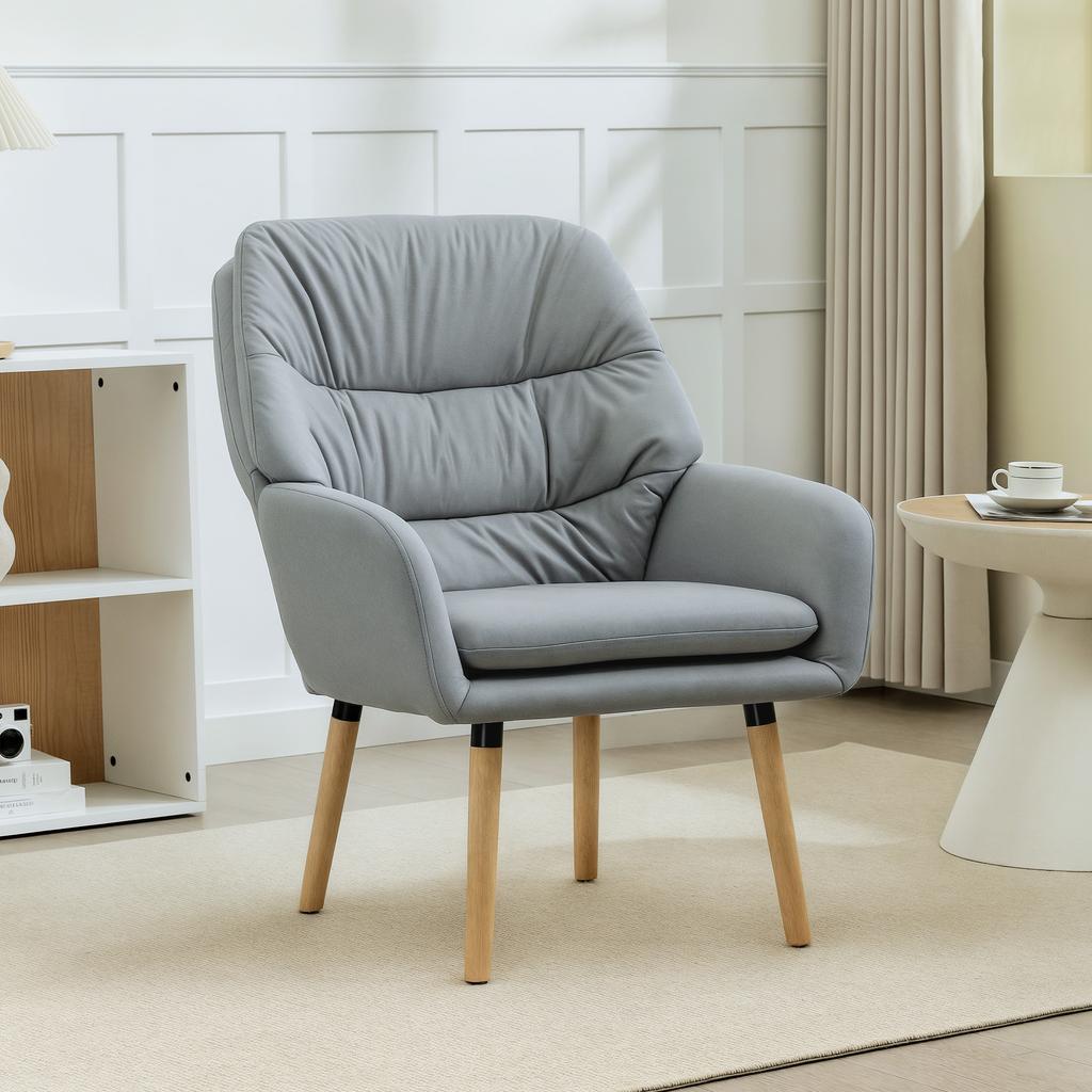 Living Room Armchair, Double Padded, Faux Leather, Wooden Legs, 68 X 74 X 89 Cm, Grey