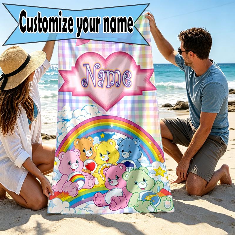 Custom Name Personalized Care Bears Print Beach Towel, for Trip Camping Beach Party Home Decor, Birthday Gift for Family & Friends