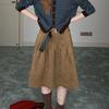 Melanoid Brown Suede High-Waist Pleated Skirt - Women's Mid-Length Slimming Autumn/Winter Style