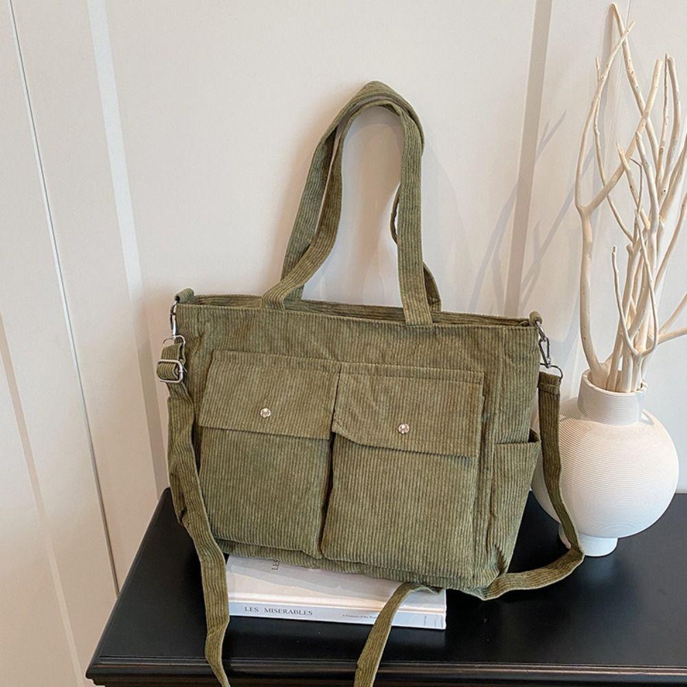 Vintage Corduroy Tote Bag Elegant Casual Underarm Bag Simple Multi-pocket Shoulder Bag  Holiday