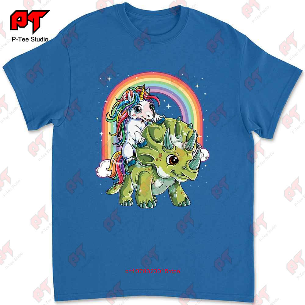 Unicorn Riding Dinosaur Triceratops Rainbow Tshirt JW3K