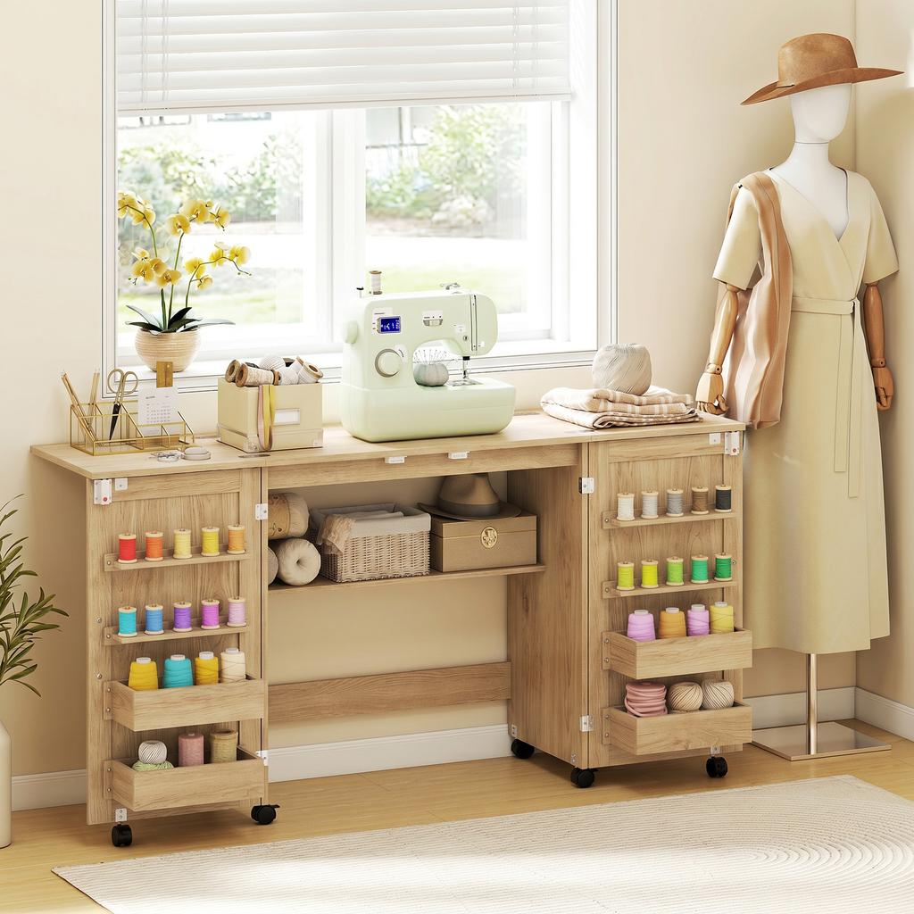 Sewing Table, Folding, Cabinet on Casters, 2 Doors, 4 Trays, 20 Hooks, 160 x 40 x 83 cm, Oak