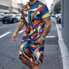 Men's Geometic 2pcs Tees sets Summer Tops Short Sleeve Short Pants Crew Neck Sport Casual