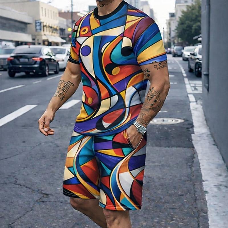 Men's Geometic 2pcs Tees sets Summer Tops Short Sleeve Short Pants Crew Neck Sport Casual