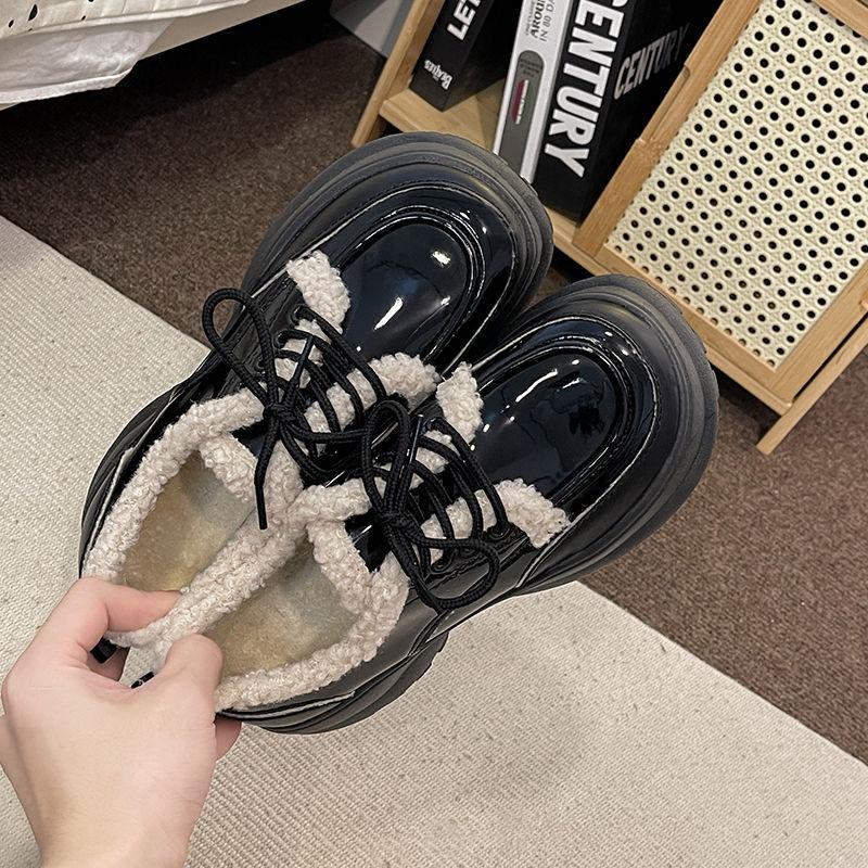 Fleece Single Shoes French Versatile Loafers British Style Non-slip Thick Sole Heightening Small Leather Shoes Women's 2025 Autumn and Winter New M