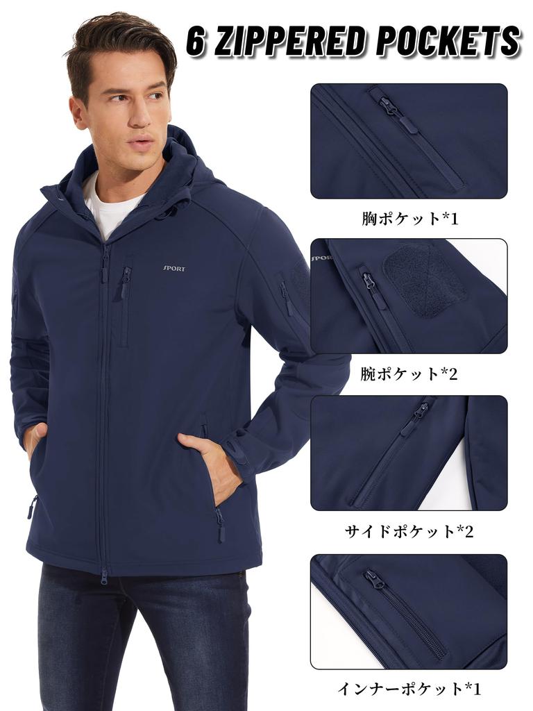 KEFITEVD Winter Mountain Softshell Cold Weather Hooded Jumper with Size 2XL Men's Jacket, Parka, Hiking, Trekking, Pockets, Navy,
