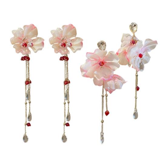 1 Pair Drop Earrings Bright Color Fabric Flower Rhinestones Tassel Long Earrings Holiday Statement Earrings