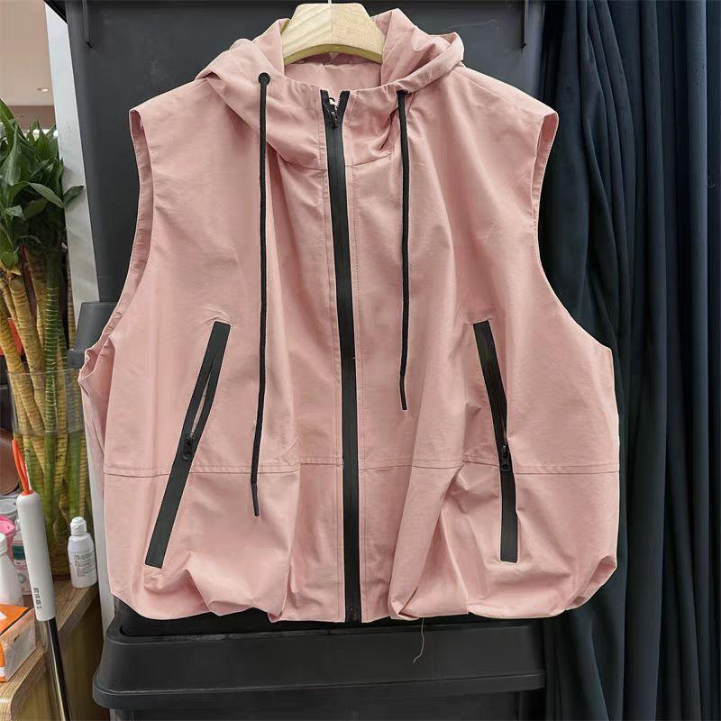Women Spring Summer Layered Vest Casual Hooded Windbreaker Workwear Sleeveless Jacket Trendy