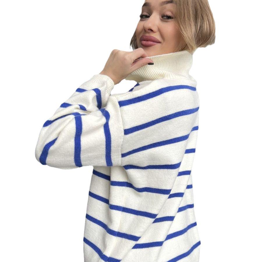 European and American Half-Zip Turn-Down Collar Color Block Loose Plus Size Striped Knitted Sweater Coat