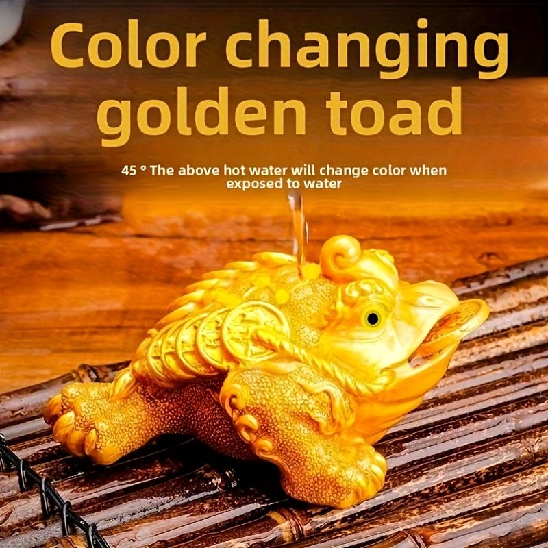 1pc Color-Changing Golden Toad Tea Pet - Resin Three-Legged Frog Figurine with Flowing Water Feature, Intricate Golden Accents & Red Gemstone Eyes