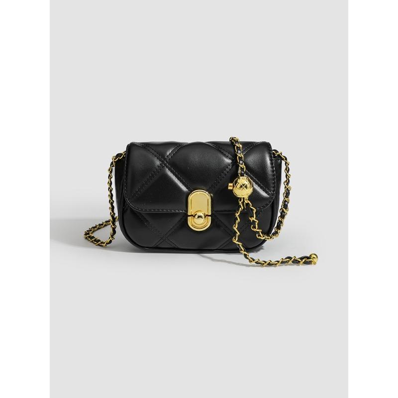 

Small Scented Wind Diamond Pattern Buttoned Small Handbag, Small Golden Ball Chain Crossbody Bag on One Shoulder чёрный