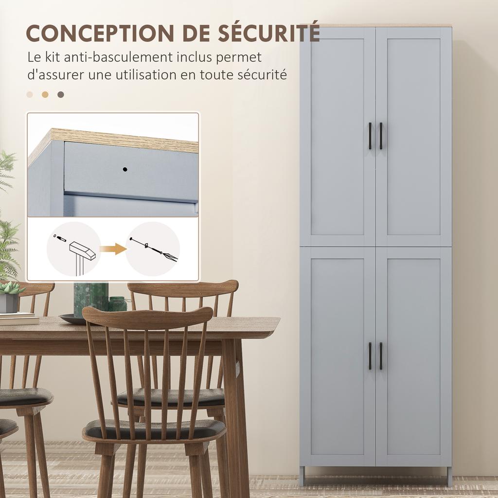 Kitchen Cabinet Height 170 Cm Tall Sideboard with 4 Doors and Adjustable Shelves, Modern Design, Grey