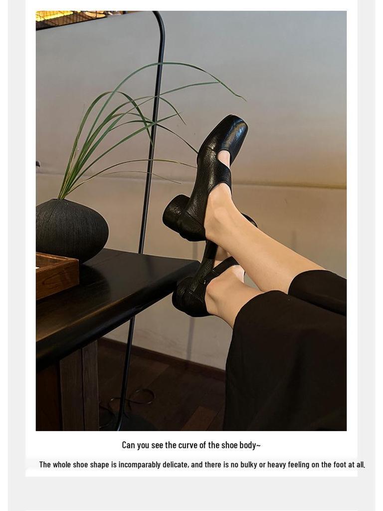 Women's Genuine Leather Ballet Flats, Autumn 2024, Square Toe, Chunky Heel, Vintage Low-Cut Mary Jane Shoes