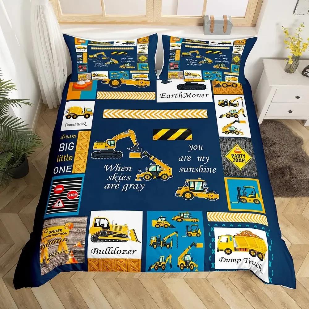 Construction Vehicles Boys Excavator Duvet Cover Yellow Tractor Truck Bedding Set for Teens Child Old Retro Car Theme Room Decor
