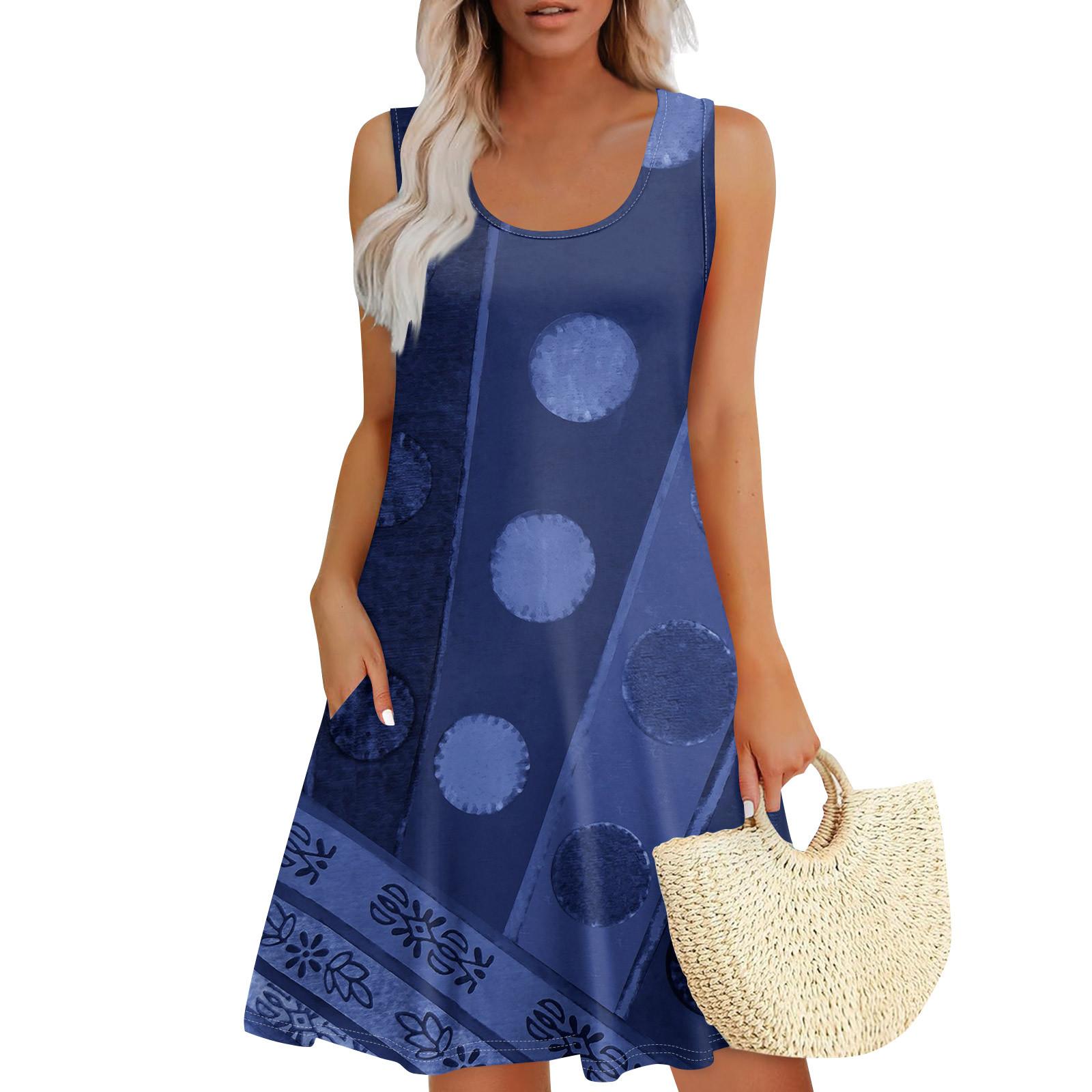 

Womens Summer Dresses Loose U Neck Sleeveless Sundresses Dress With Pockets XXL